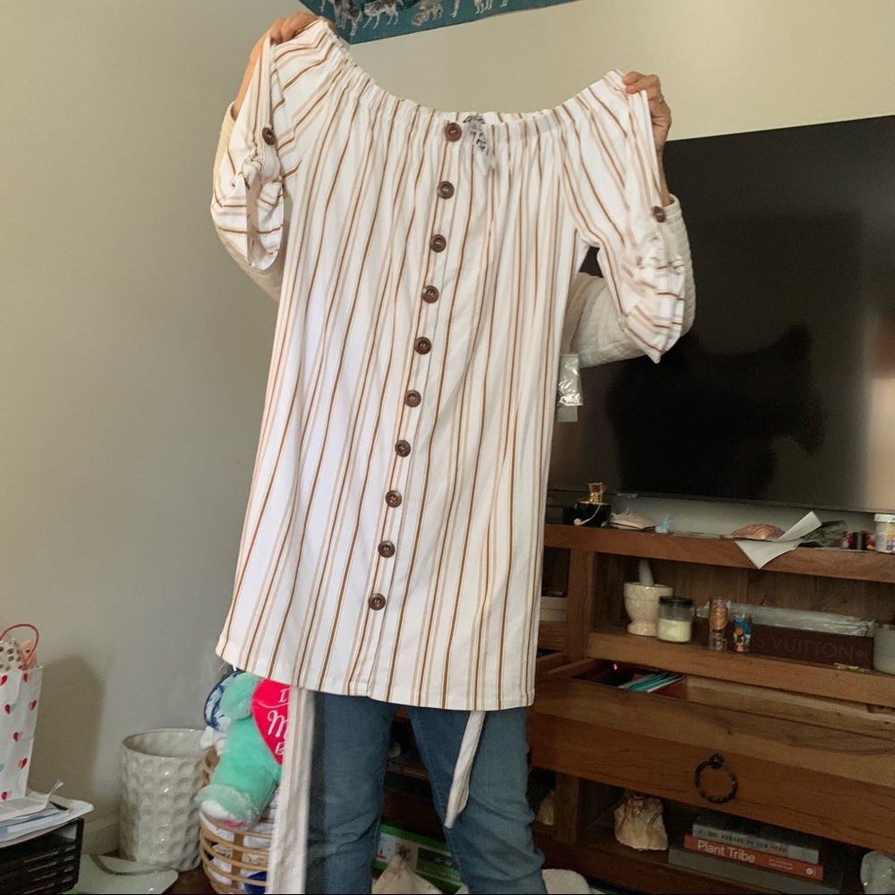 Tan and white off the shoulder dress